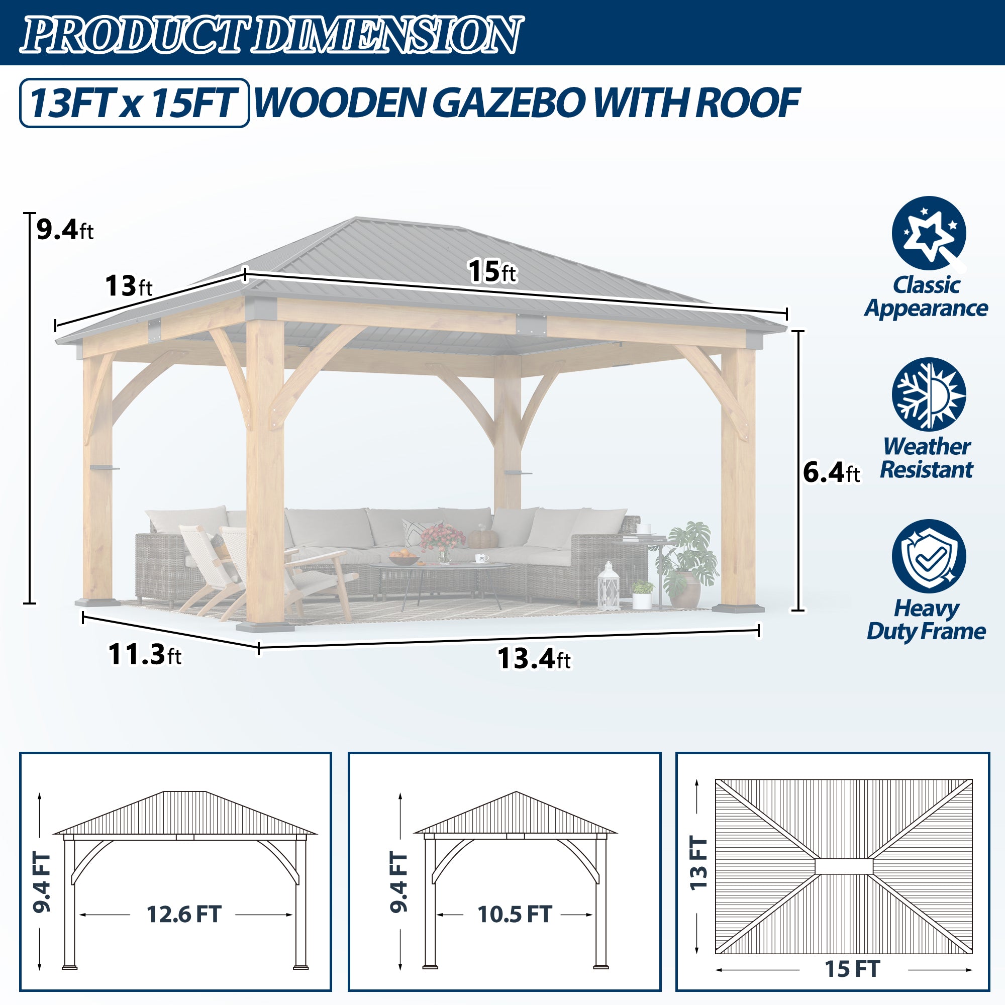 13×15 ft Spruce Wood Hardtop Gazebo with single Roof