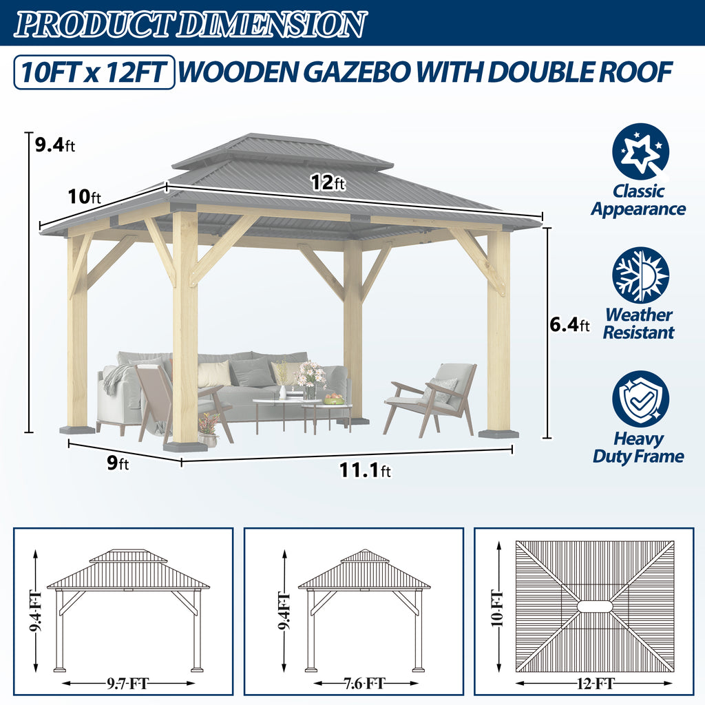 10×12 ft Natural Wooden Hardtop Gazebo
