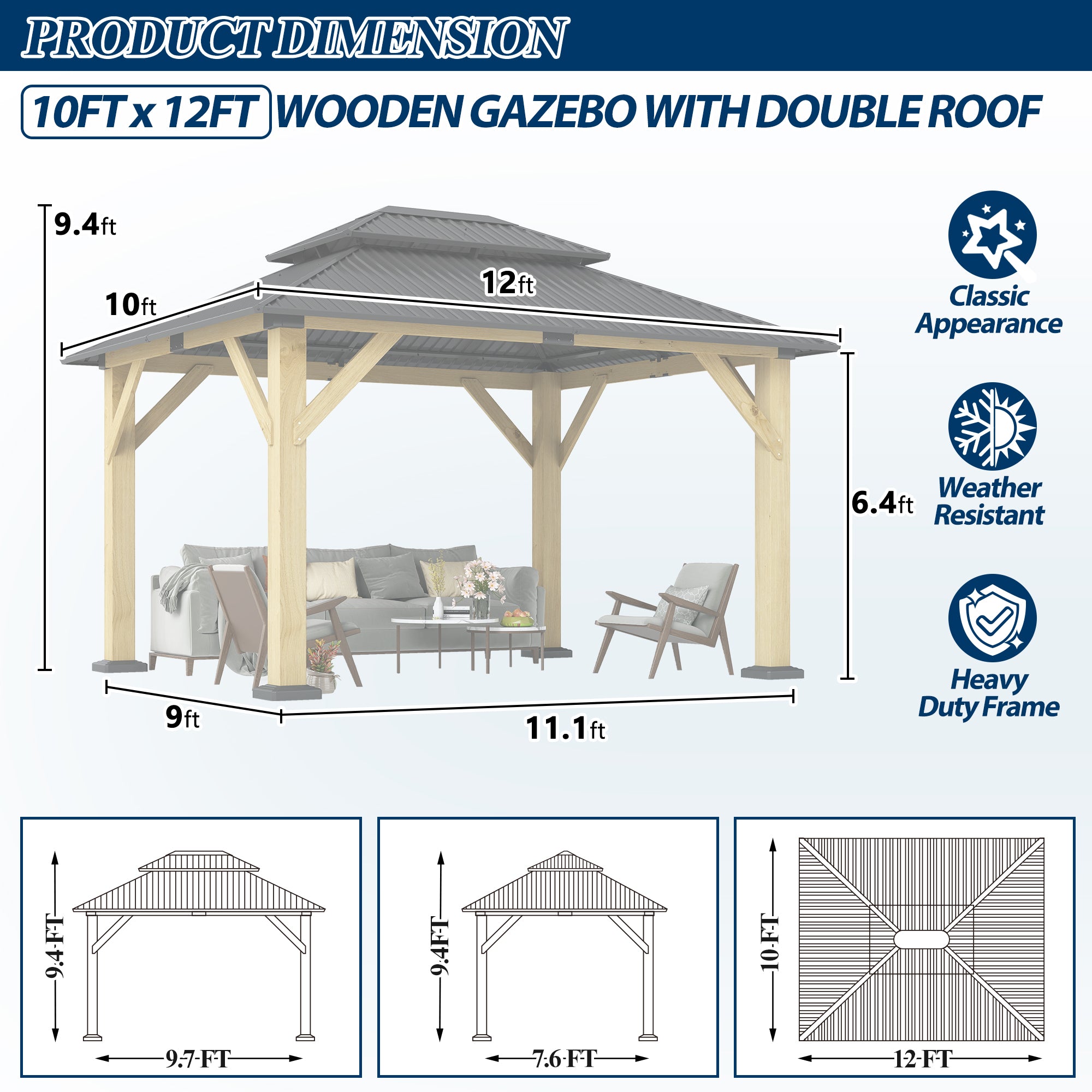 10×12 ft Natural Wooden Hardtop Gazebo