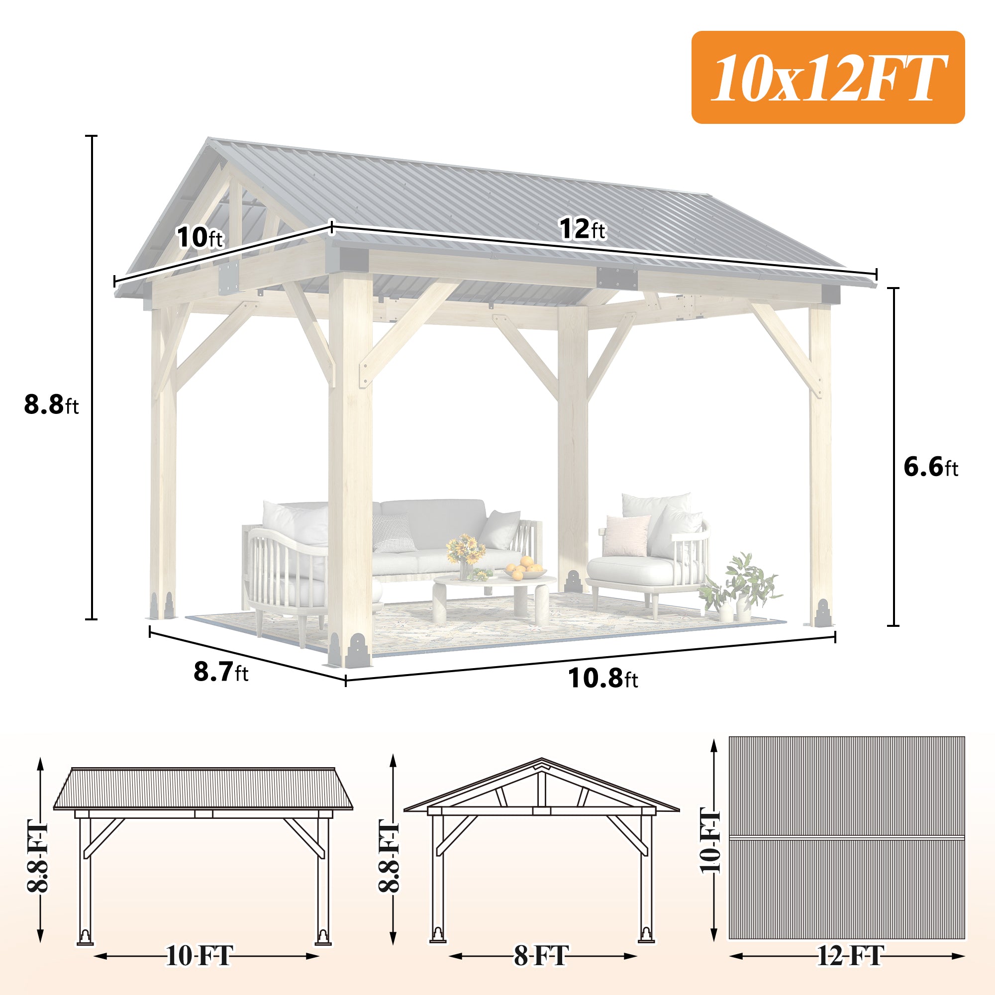 Multiple sizes Wooden Sloped Hardtop Gazebo（Curtains not included）