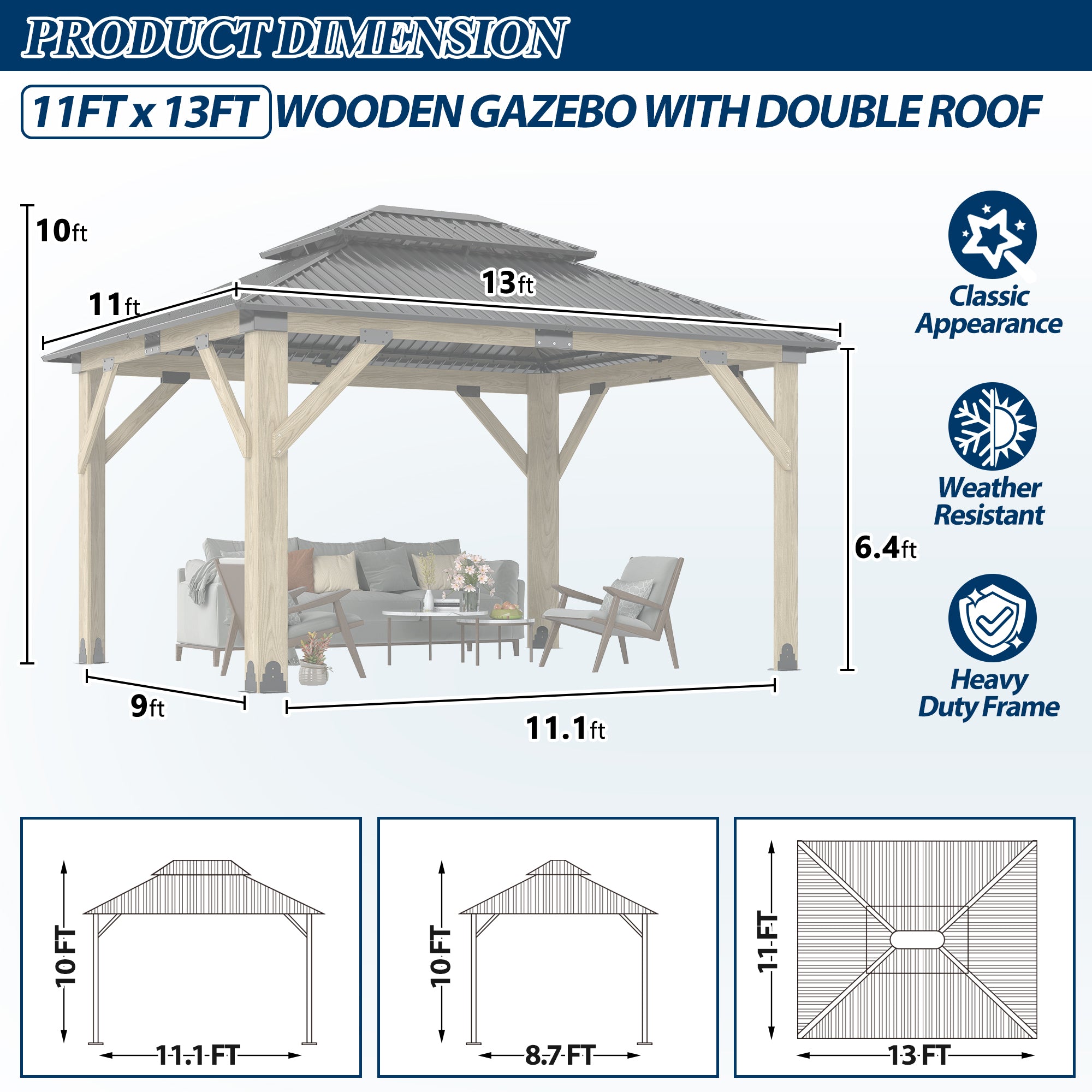 11×13 ft Natural Wooden Hardtop Gazebo
