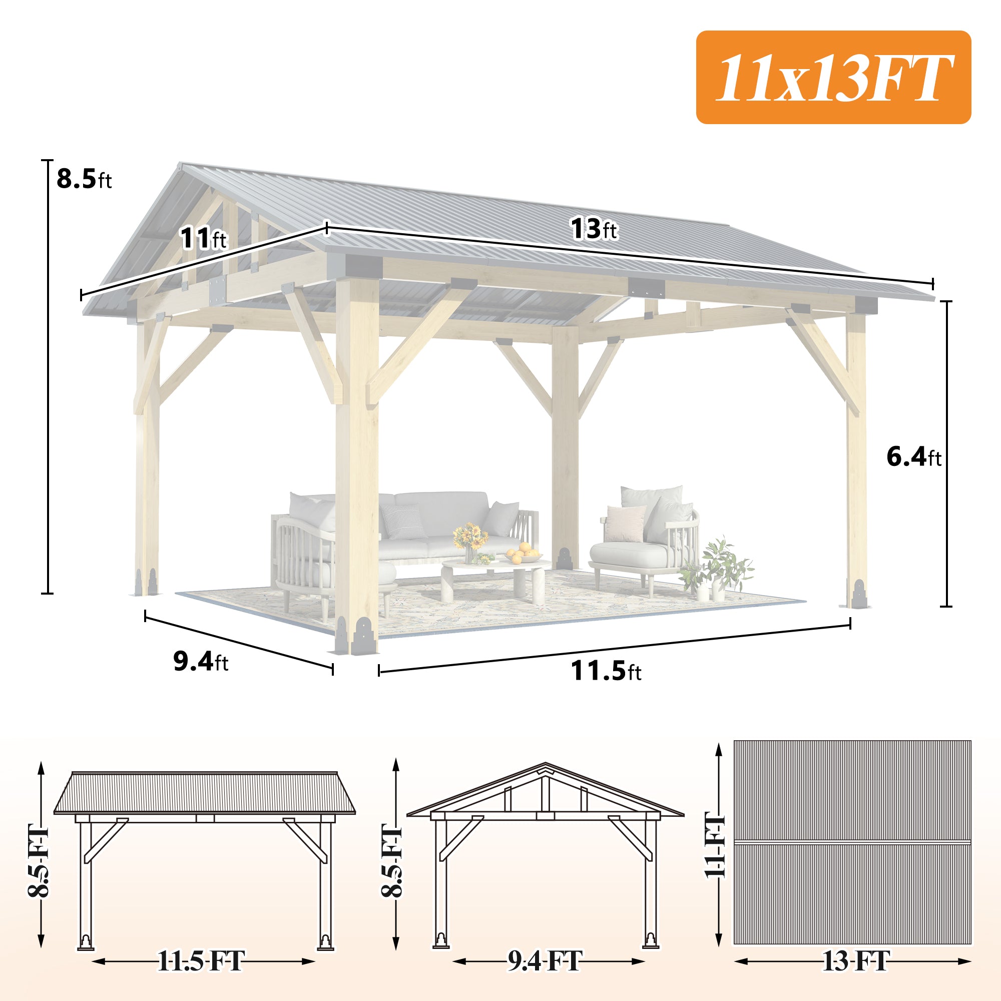 Multiple sizes Wooden Sloped Hardtop Gazebo（Curtains not included）