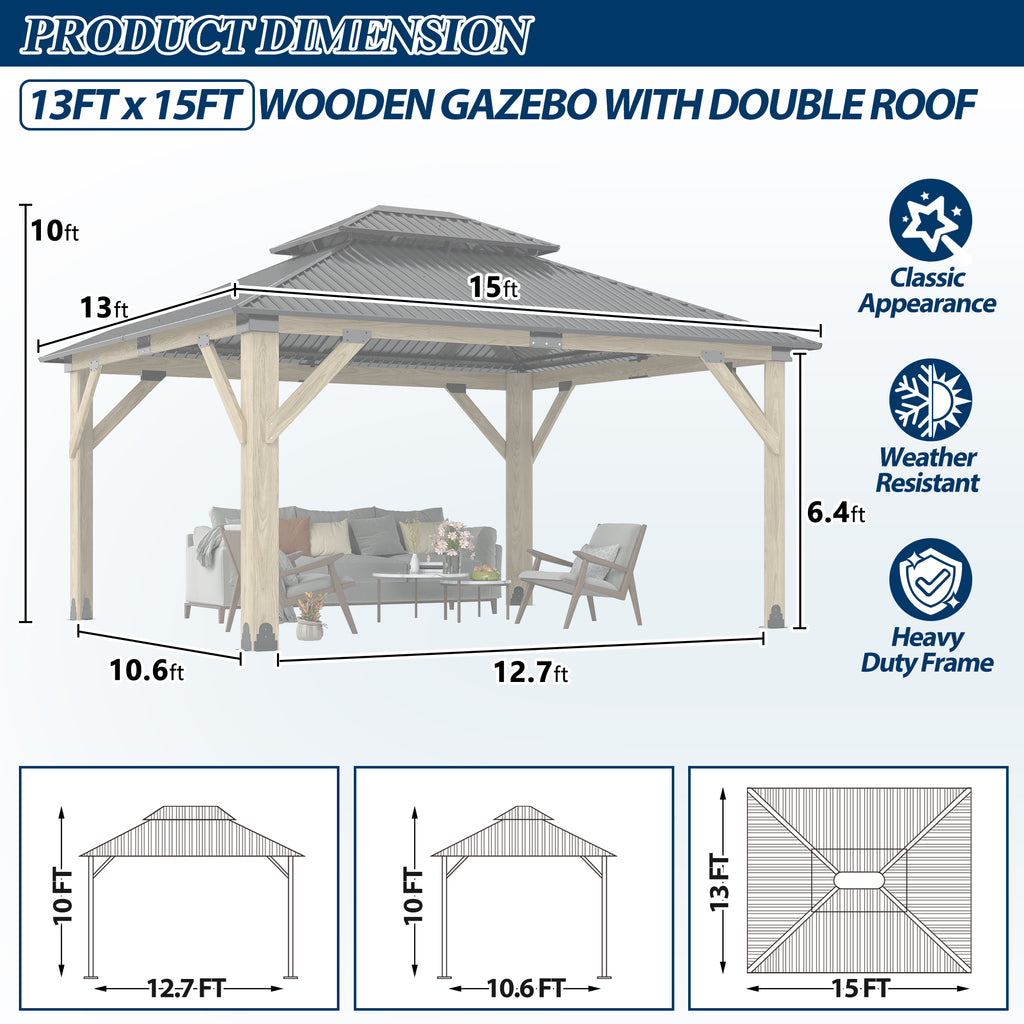 13×15 ft Natural Wooden Hardtop Gazebo