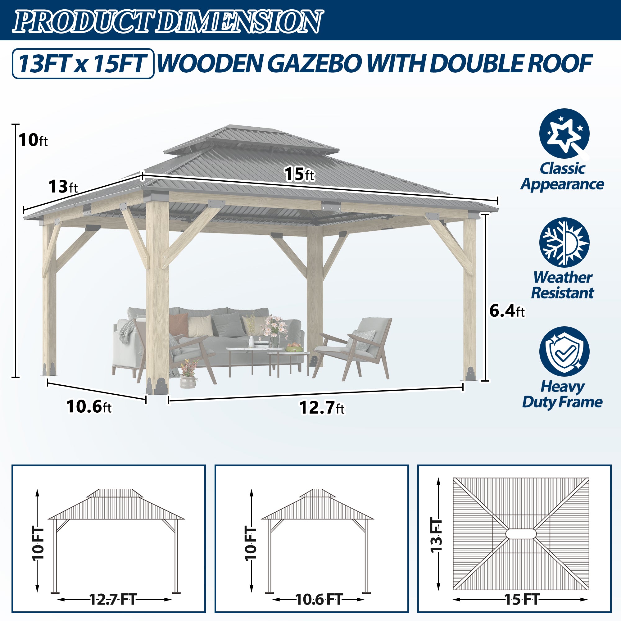13×15 ft Natural Wooden Hardtop Gazebo