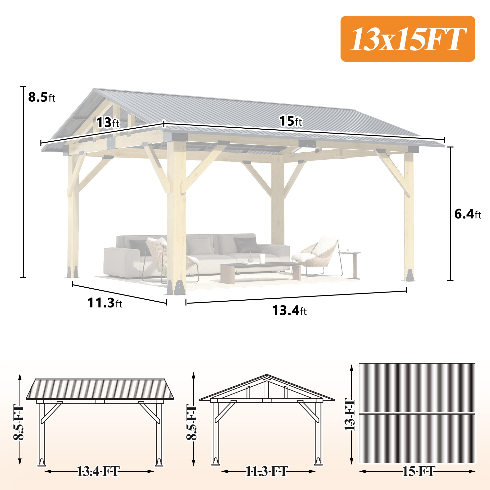 Multiple sizes Wooden Sloped Hardtop Gazebo（Curtains not included）