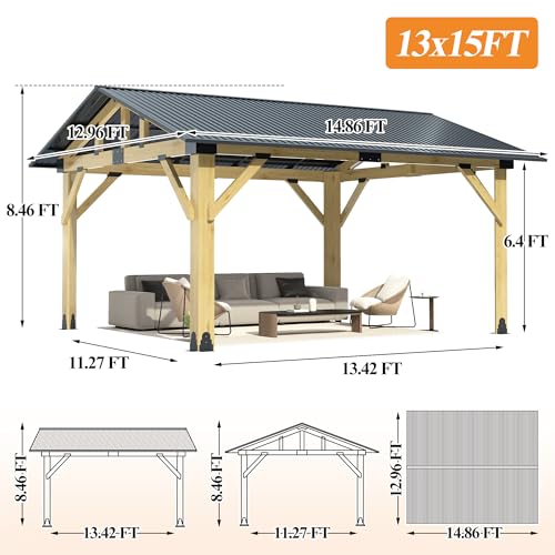 COVERONICS 13’x15’ Outdoor Hardtop Wood Gazebo - Patio Gazebo with Galvanized Steel Roof, Cedar Wooden Carport Gazebo for Garden, Porch, Patio and Deck