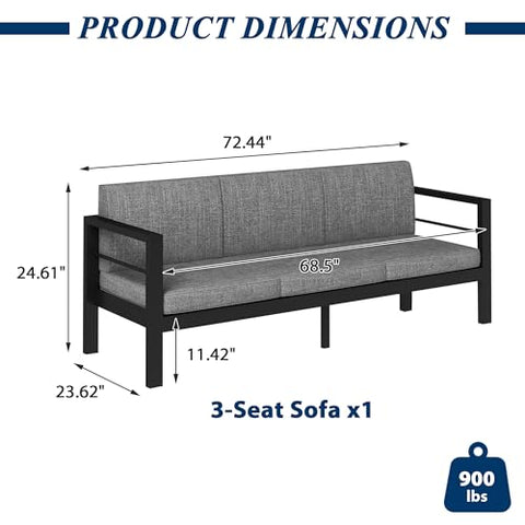 COVERONICS Outdoor 3 Seat Aluminum Sofa Chair - Patio 3 Person Furniture Chair with Aluminum Frame and Waterproof Cushions, All-Weather Conversation Sofa Chair Balcony Backyard Poolside Gray