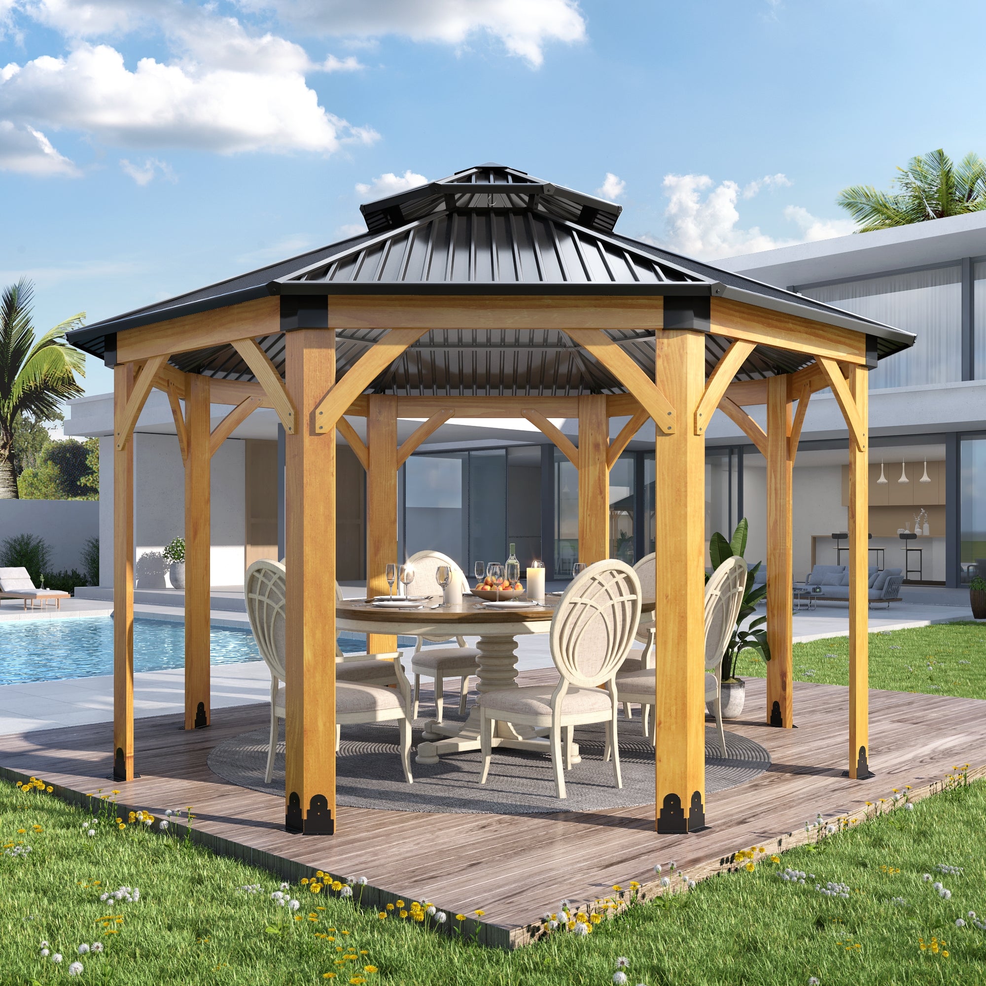 13×13 ft Octagon Spruce Wood Hardtop Gazebo