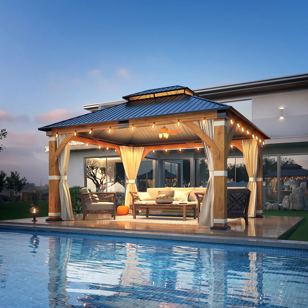 13x15 Spruce Wood Hardtop Gazebo | Coveronics Double Roof Backyard