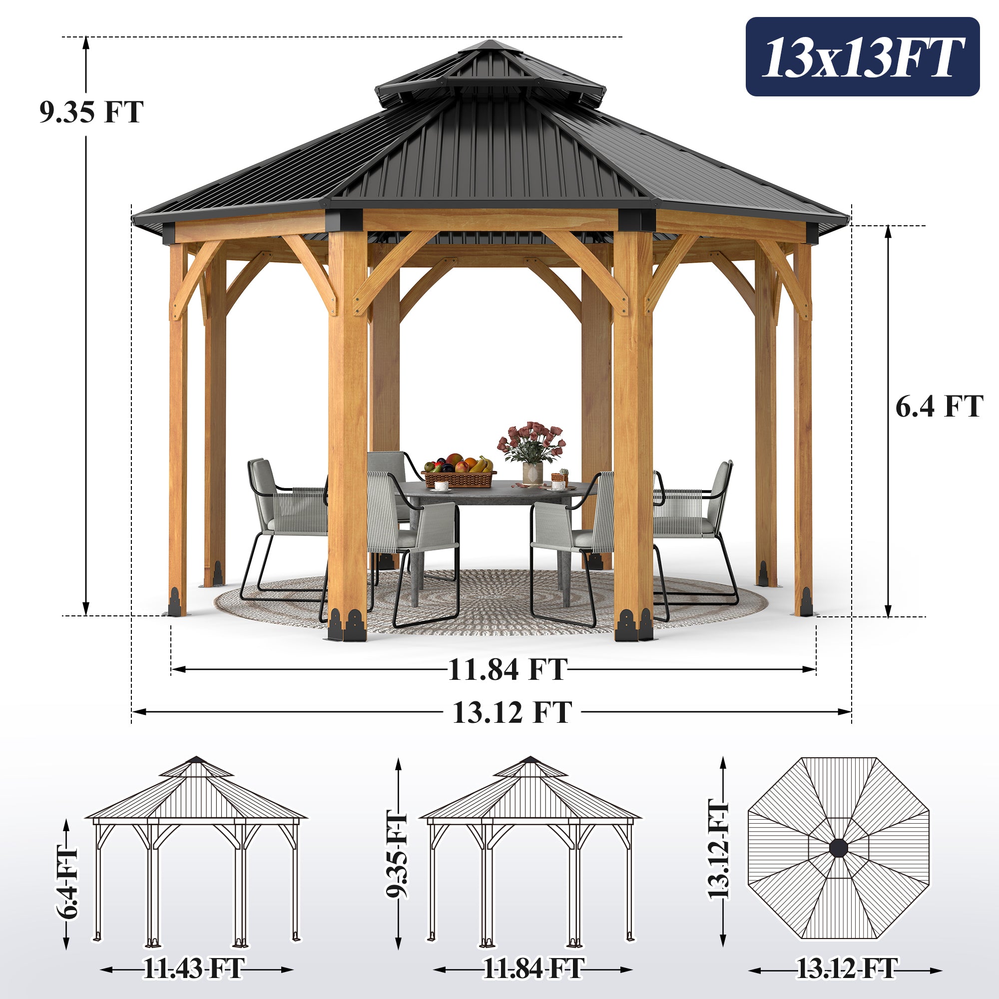 13×13 ft Octagon Spruce Wood Hardtop Gazebo