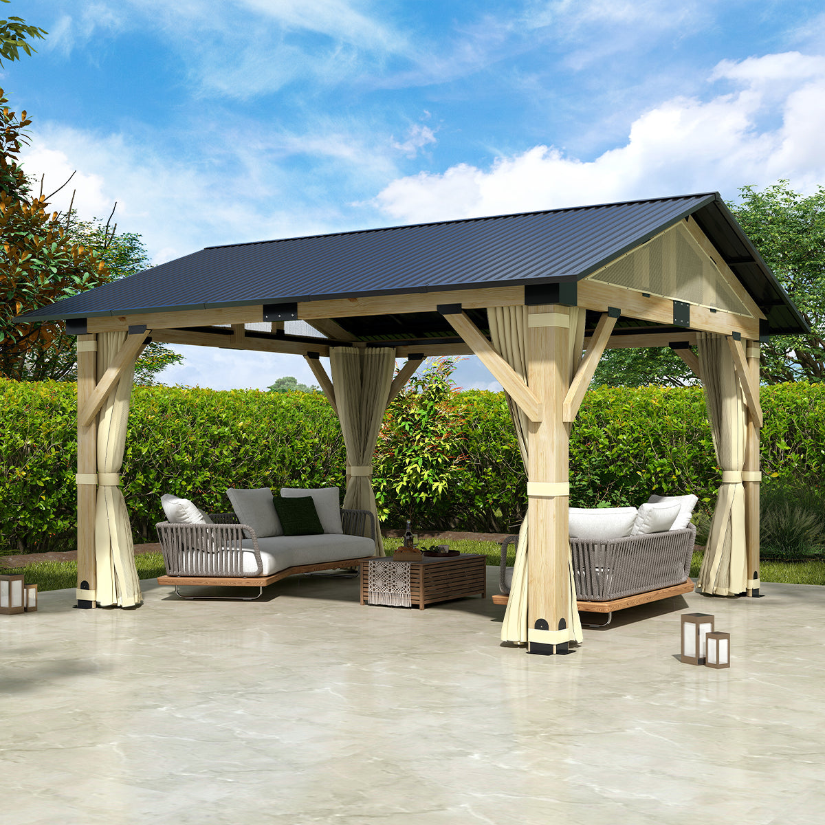 COVERONICS 11’x13’ Outdoor Wood Gazebo - Hardtop Patio Gazebo with Galvanized Steel Roof, Cedar Wooden Gazebo with Privacy Curtains and Netting for Garden, Porch, Patio and Deck