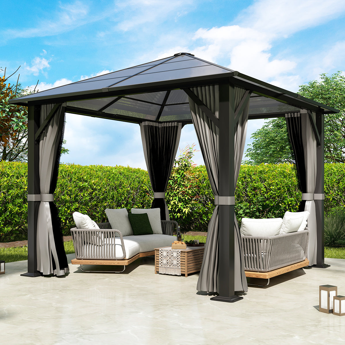 COVERONICS 10FT x 10FT Patio Polycarbonate Hardtop Gazebo with Steel Frame - Outdoor Translucent Single Roof Gazebo with Breathable Netting & Shaded Curtains for Porch, Lawn, Garden, Backyard, Poolside