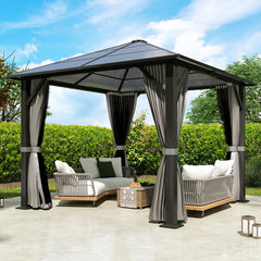COVERONICS 10FT x 10FT Patio Polycarbonate Hardtop Gazebo with Steel Frame - Outdoor Translucent Single Roof Gazebo with Breathable Netting & Shaded Curtains for Porch, Lawn, Garden, Backyard, Poolside