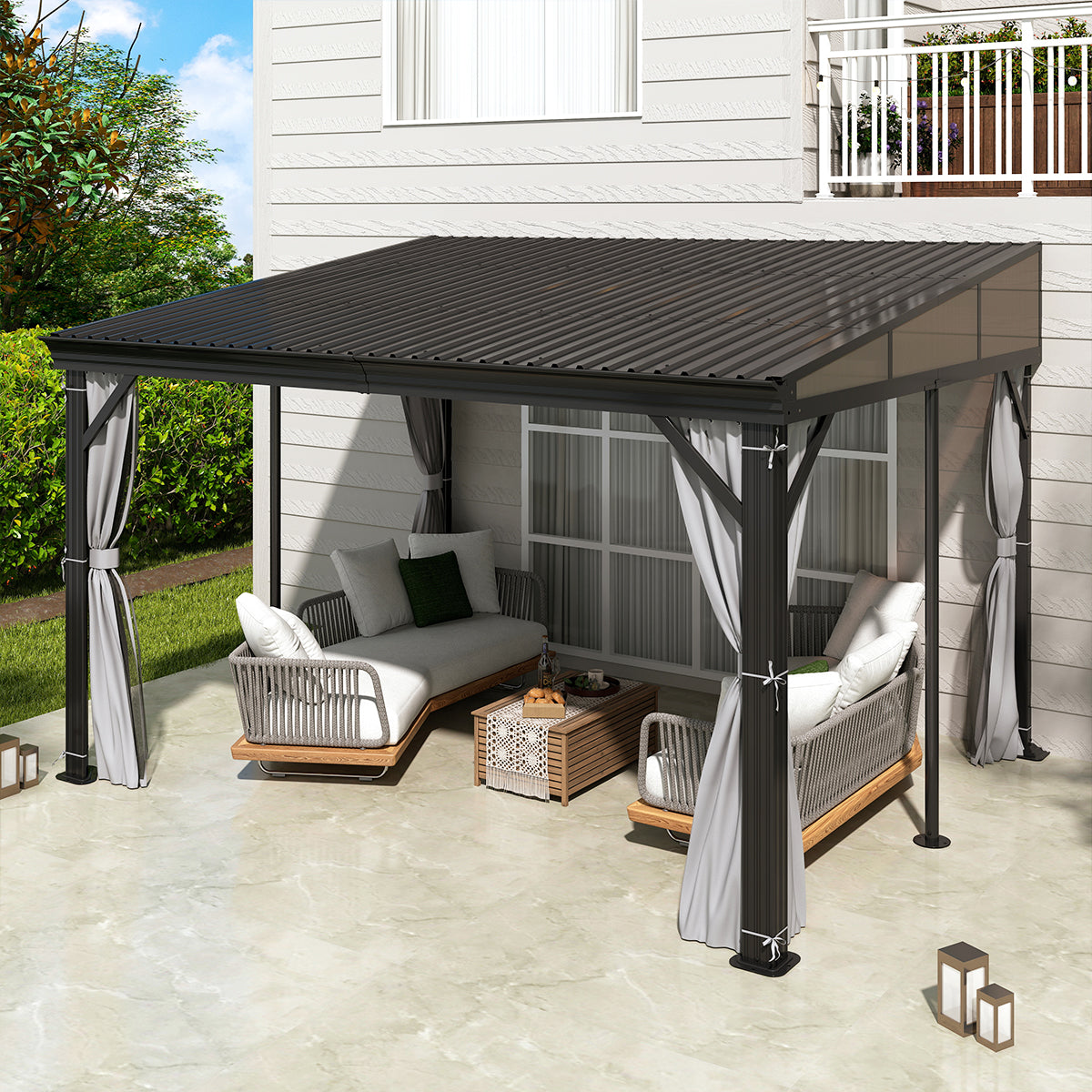 COVERONICS 10' X 13' Outdoor Polycarbonate Lean to Gazebo - Wall-Mounted Aluminum Frame Gazebo with Slope Hardtop, Patio Heavy-Duty Lean to Pergola with Netting & Curtains for Garden, Backyard, Deck