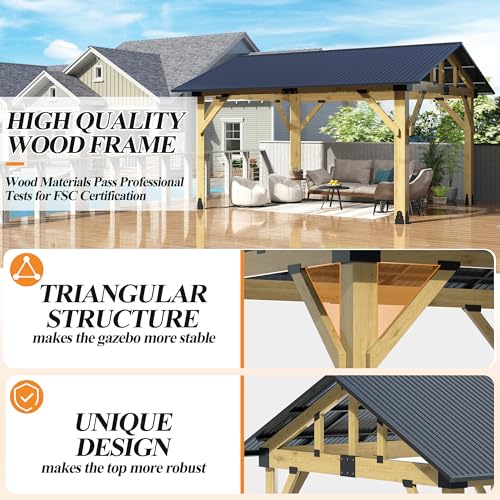 COVERONICS 11’x13’ Outdoor Wood Gazebo - Hardtop Patio Gazebo with Galvanized Steel Roof, Cedar Wooden Gazebo for Garden, Porch, Patio and Deck