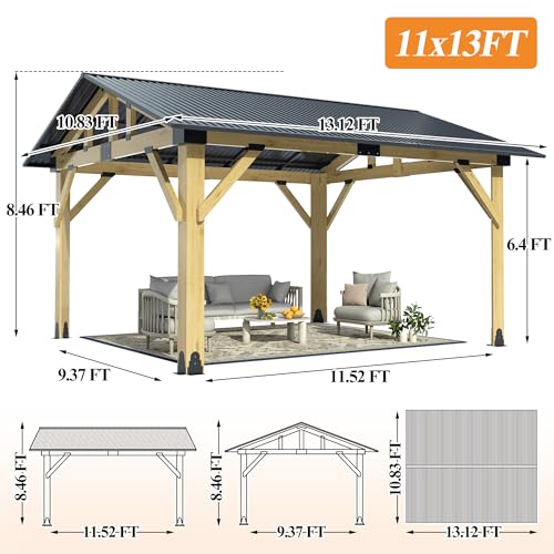 COVERONICS 11’x13’ Outdoor Wood Gazebo - Hardtop Patio Gazebo with Galvanized Steel Roof, Cedar Wooden Gazebo for Garden, Porch, Patio and Deck