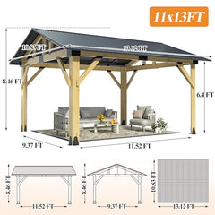 COVERONICS 11’x13’ Outdoor Wood Gazebo - Hardtop Patio Gazebo with Galvanized Steel Roof, Cedar Wooden Gazebo for Garden, Porch, Patio and Deck