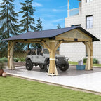 COVERONICS 13’x15’ Outdoor Wood Gazebo - Hardtop Patio Gazebo with Galvanized Steel Roof, Cedar Wooden Gazebo with Privacy Curtains and Netting for Garden, Porch, Patio and Deck