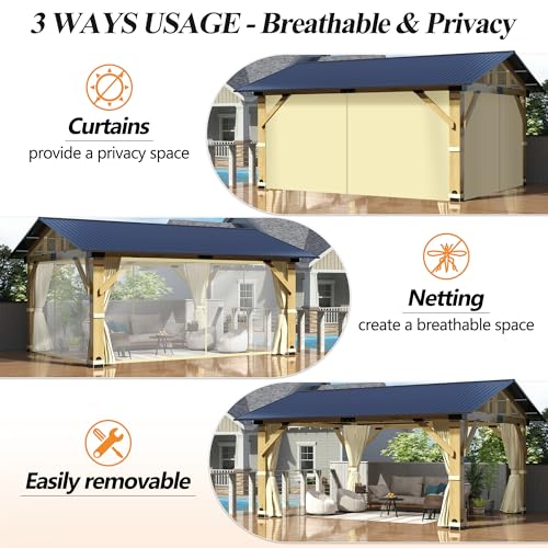 COVERONICS 13’x15’ Outdoor Wood Gazebo - Hardtop Patio Gazebo with Galvanized Steel Roof, Cedar Wooden Gazebo with Privacy Curtains and Netting for Garden, Porch, Patio and Deck