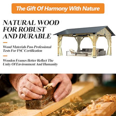 COVERONICS 13’x15’ Outdoor Wood Gazebo - Hardtop Patio Gazebo with Galvanized Steel Roof, Cedar Wooden Gazebo with Privacy Curtains and Netting for Garden, Porch, Patio and Deck