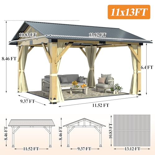 COVERONICS 11’x13’ Outdoor Wood Gazebo - Hardtop Patio Gazebo with Galvanized Steel Roof, Cedar Wooden Gazebo with Privacy Curtains and Netting for Garden, Porch, Patio and Deck