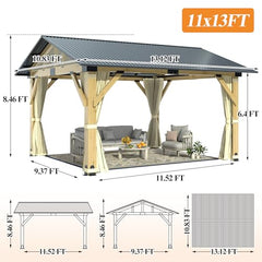 COVERONICS 11’x13’ Outdoor Wood Gazebo - Hardtop Patio Gazebo with Galvanized Steel Roof, Cedar Wooden Gazebo with Privacy Curtains and Netting for Garden, Porch, Patio and Deck