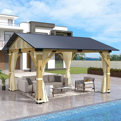 COVERONICS 11’x13’ Outdoor Wood Gazebo - Hardtop Patio Gazebo with Galvanized Steel Roof, Cedar Wooden Gazebo with Privacy Curtains and Netting for Garden, Porch, Patio and Deck
