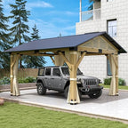 COVERONICS 11’x13’ Outdoor Wood Gazebo - Hardtop Patio Gazebo with Galvanized Steel Roof, Cedar Wooden Gazebo with Privacy Curtains and Netting for Garden, Porch, Patio and Deck