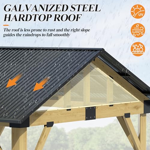 COVERONICS 11’x13’ Outdoor Wood Gazebo - Hardtop Patio Gazebo with Galvanized Steel Roof, Cedar Wooden Gazebo with Privacy Curtains and Netting for Garden, Porch, Patio and Deck