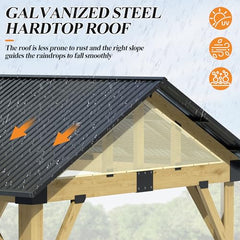 COVERONICS 13’x15’ Outdoor Wood Gazebo - Hardtop Patio Gazebo with Galvanized Steel Roof, Cedar Wooden Gazebo with Privacy Curtains and Netting for Garden, Porch, Patio and Deck