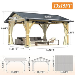 COVERONICS 13’x15’ Outdoor Wood Gazebo - Hardtop Patio Gazebo with Galvanized Steel Roof, Cedar Wooden Gazebo with Privacy Curtains and Netting for Garden, Porch, Patio and Deck