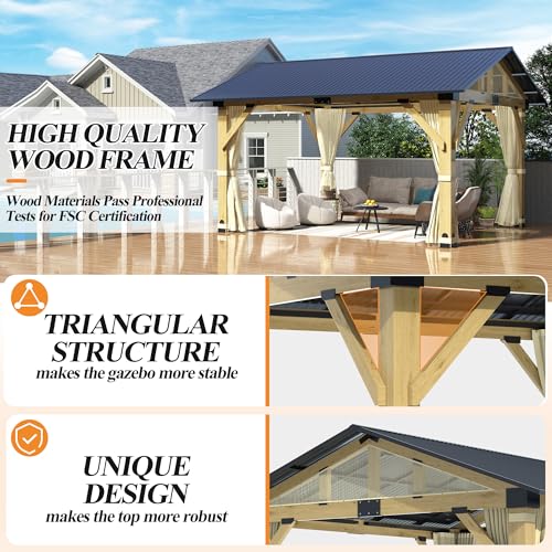 COVERONICS 11’x13’ Outdoor Wood Gazebo - Hardtop Patio Gazebo with Galvanized Steel Roof, Cedar Wooden Gazebo with Privacy Curtains and Netting for Garden, Porch, Patio and Deck