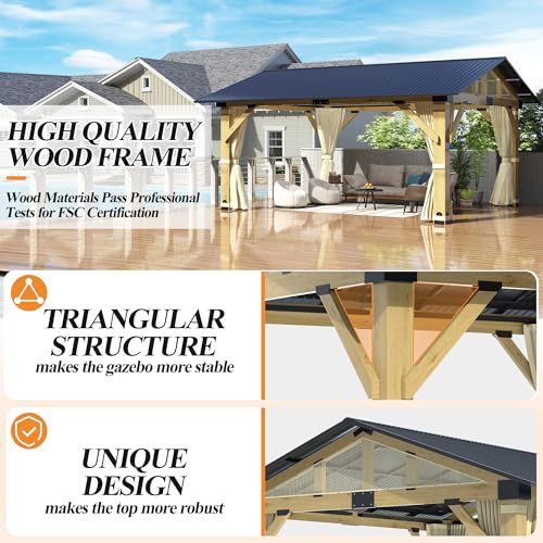 COVERONICS 13’x15’ Outdoor Wood Gazebo - Hardtop Patio Gazebo with Galvanized Steel Roof, Cedar Wooden Gazebo with Privacy Curtains and Netting for Garden, Porch, Patio and Deck