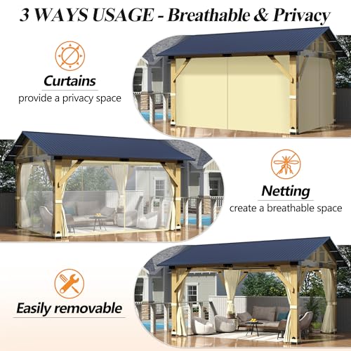 COVERONICS 11’x13’ Outdoor Wood Gazebo - Hardtop Patio Gazebo with Galvanized Steel Roof, Cedar Wooden Gazebo with Privacy Curtains and Netting for Garden, Porch, Patio and Deck