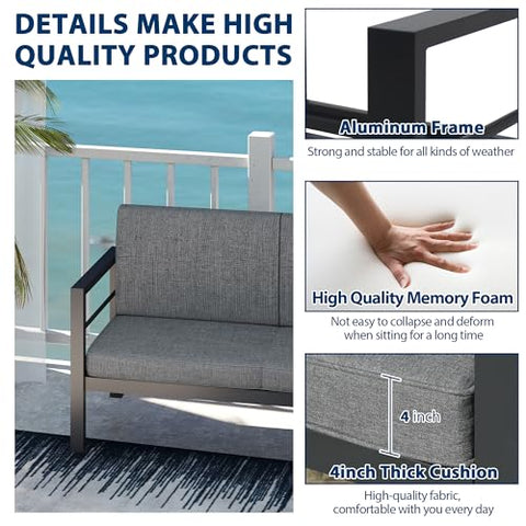 COVERONICS Outdoor 3 Seat Aluminum Sofa Chair - Patio 3 Person Furniture Chair with Aluminum Frame and Waterproof Cushions, All-Weather Conversation Sofa Chair Balcony Backyard Poolside Gray
