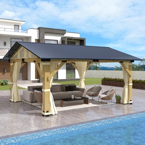 COVERONICS 13’x15’ Outdoor Wood Gazebo - Hardtop Patio Gazebo with Galvanized Steel Roof, Cedar Wooden Gazebo with Privacy Curtains and Netting for Garden, Porch, Patio and Deck