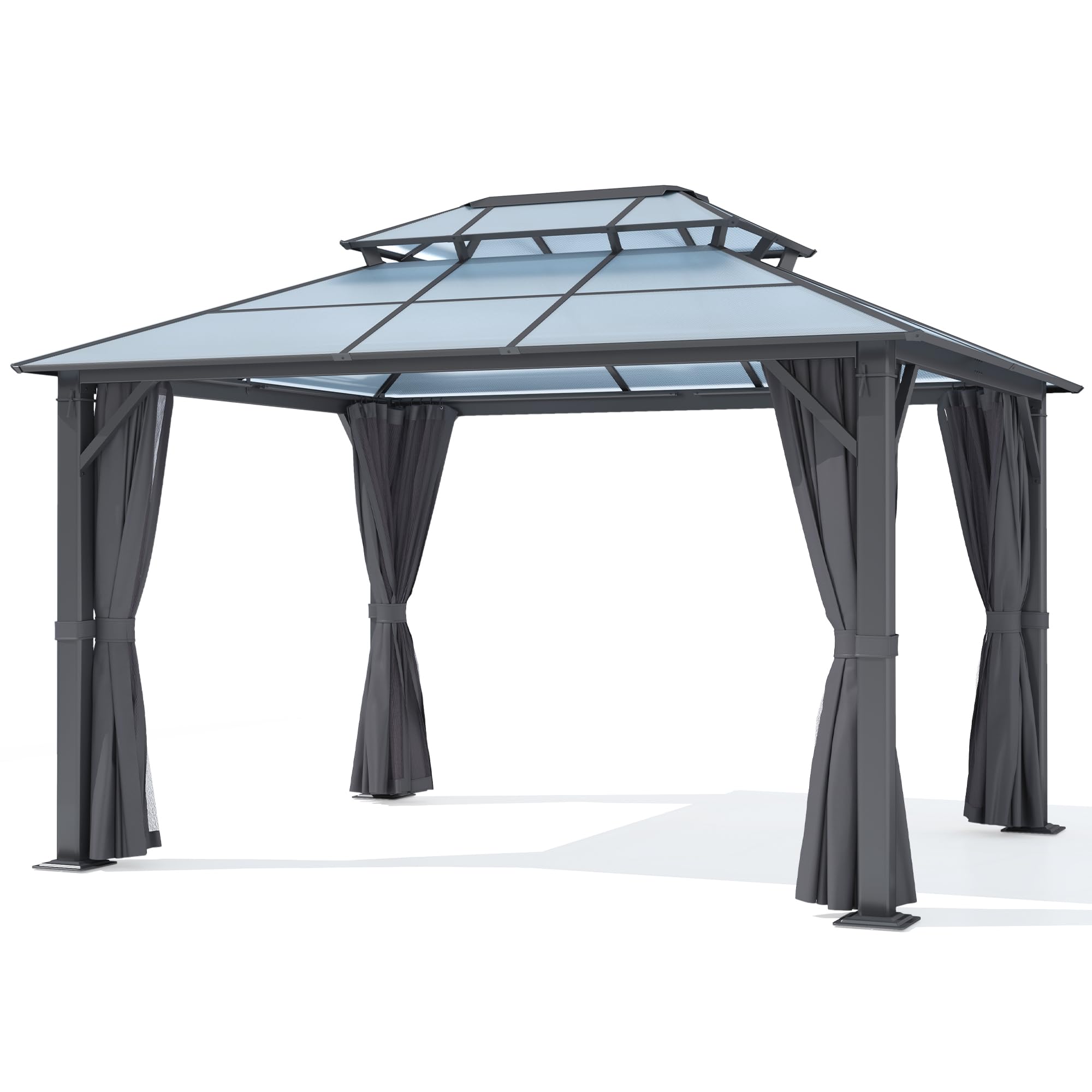 10×12 ft Polycarbonate Hardtop Gazebo with Translucent Double Roof, Netting & Curtains