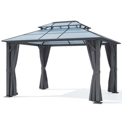 COVERONICS 10FT x 12FT Patio Polycarbonate Hardtop Gazebo with Steel Frame - Outdoor Translucent Double Roof Gazebo with Netting & Curtains for Lawn, Garden, Backyard, Poolside
