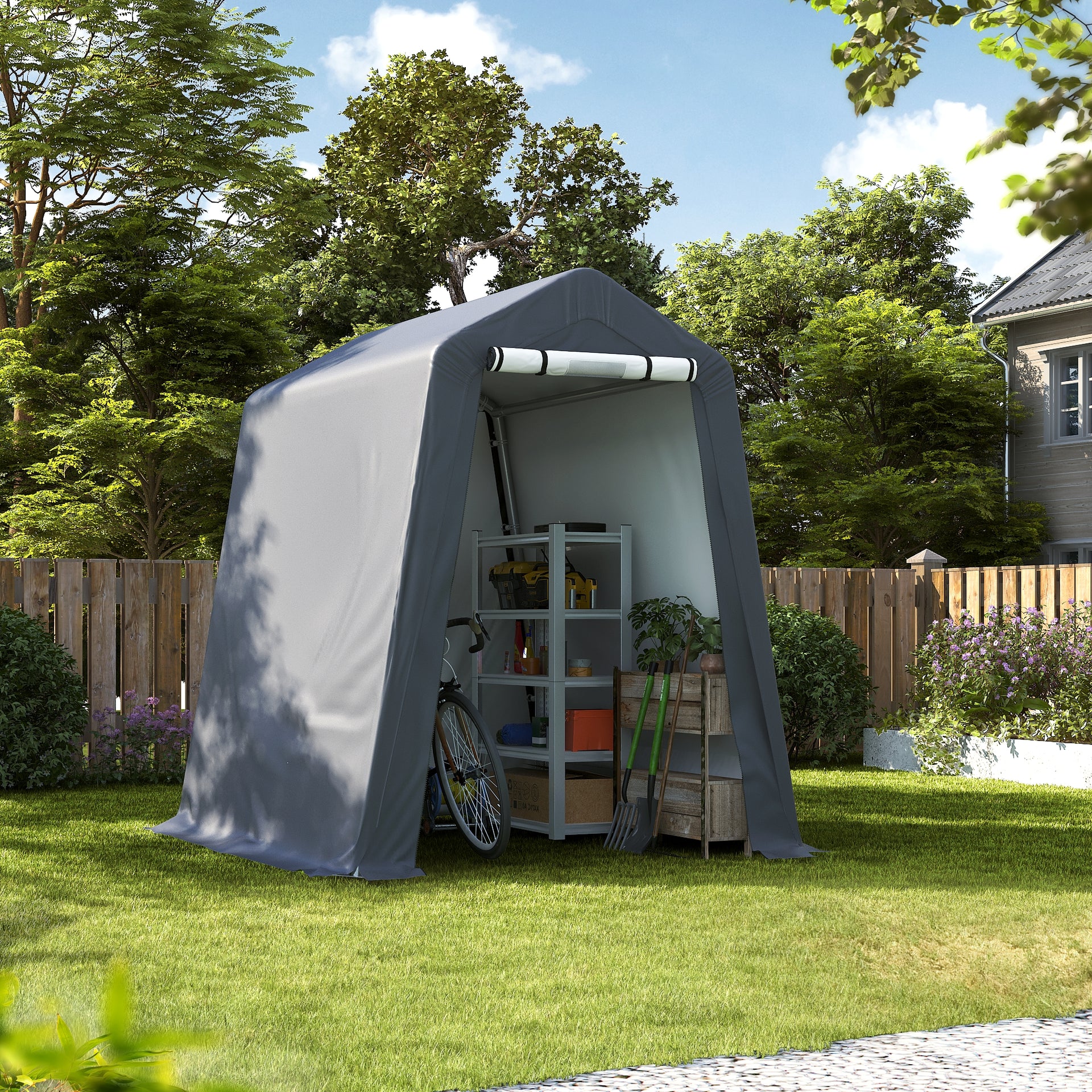 COVERONICS 6 ft. W x 7 ft. D Outdoor Portable Storage Shelter Shed Heavy Duty Steel Frame Motorcycle Garage with Doors and Vents