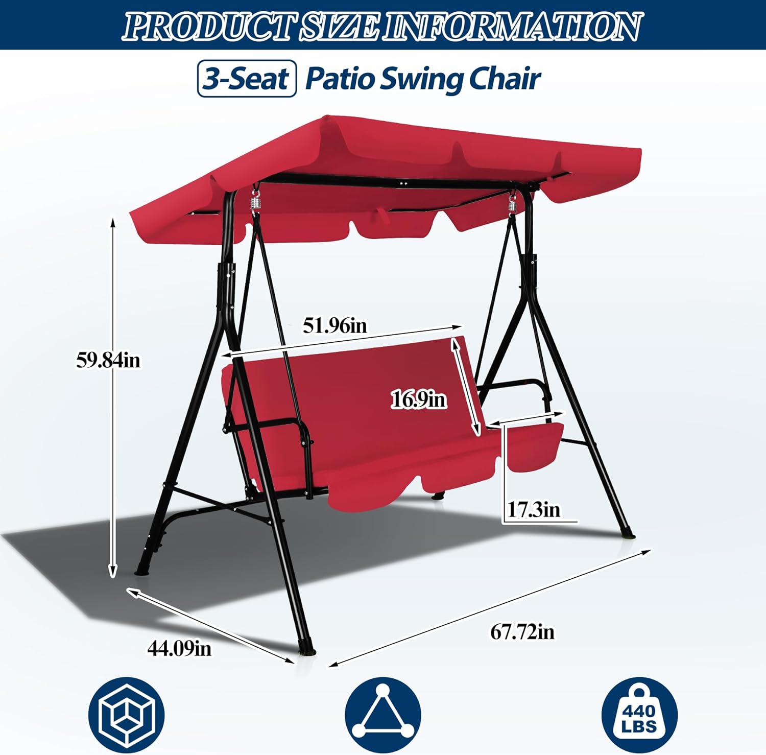 3-Seat Outdoor Porch Swing, Patio Swing Chair with Adjustable Canopy & Durable Metal Frame, Garden Swings Chair with Removable Cushions for Backyard, Terrace, Lawn
