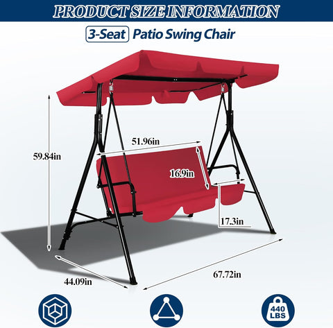 3-Seat Outdoor Porch Swing, Patio Swing Chair with Adjustable Canopy & Durable Metal Frame, Garden Swings Chair with Removable Cushions for Backyard, Terrace, Lawn