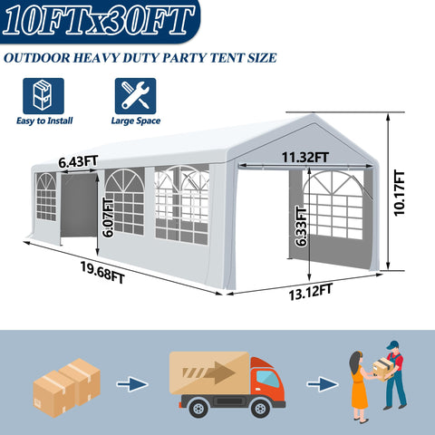 COVERONICS Outdoor Canopy Party Tent, 10'X30' Patio Party Tent with Rollable Sides and 4 Sandbags, Heavy Duty Steel Frame Carport Gazebo Event Tent Perfect for Wedding, Birthday Party, Outdoor Event