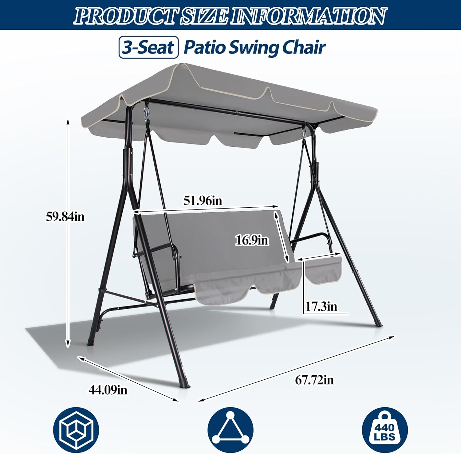 3-Seat Outdoor Porch Swing, Patio Swing Chair with Adjustable Canopy & Durable Metal Frame, Garden Swings Chair with Removable Cushions for Backyard, Terrace, Lawn