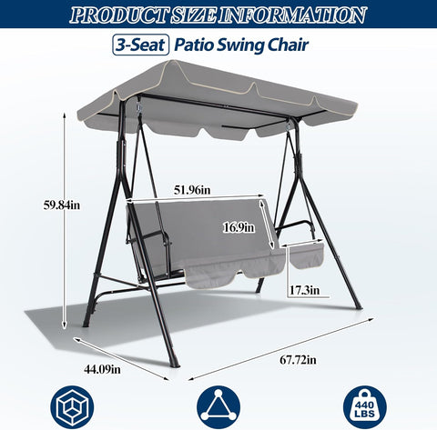 3-Seat Outdoor Porch Swing, Patio Swing Chair with Adjustable Canopy & Durable Metal Frame, Garden Swings Chair with Removable Cushions for Backyard, Terrace, Lawn