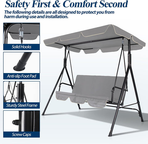 3-Seat Outdoor Porch Swing, Patio Swing Chair with Adjustable Canopy & Durable Metal Frame, Garden Swings Chair with Removable Cushions for Backyard, Terrace, Lawn