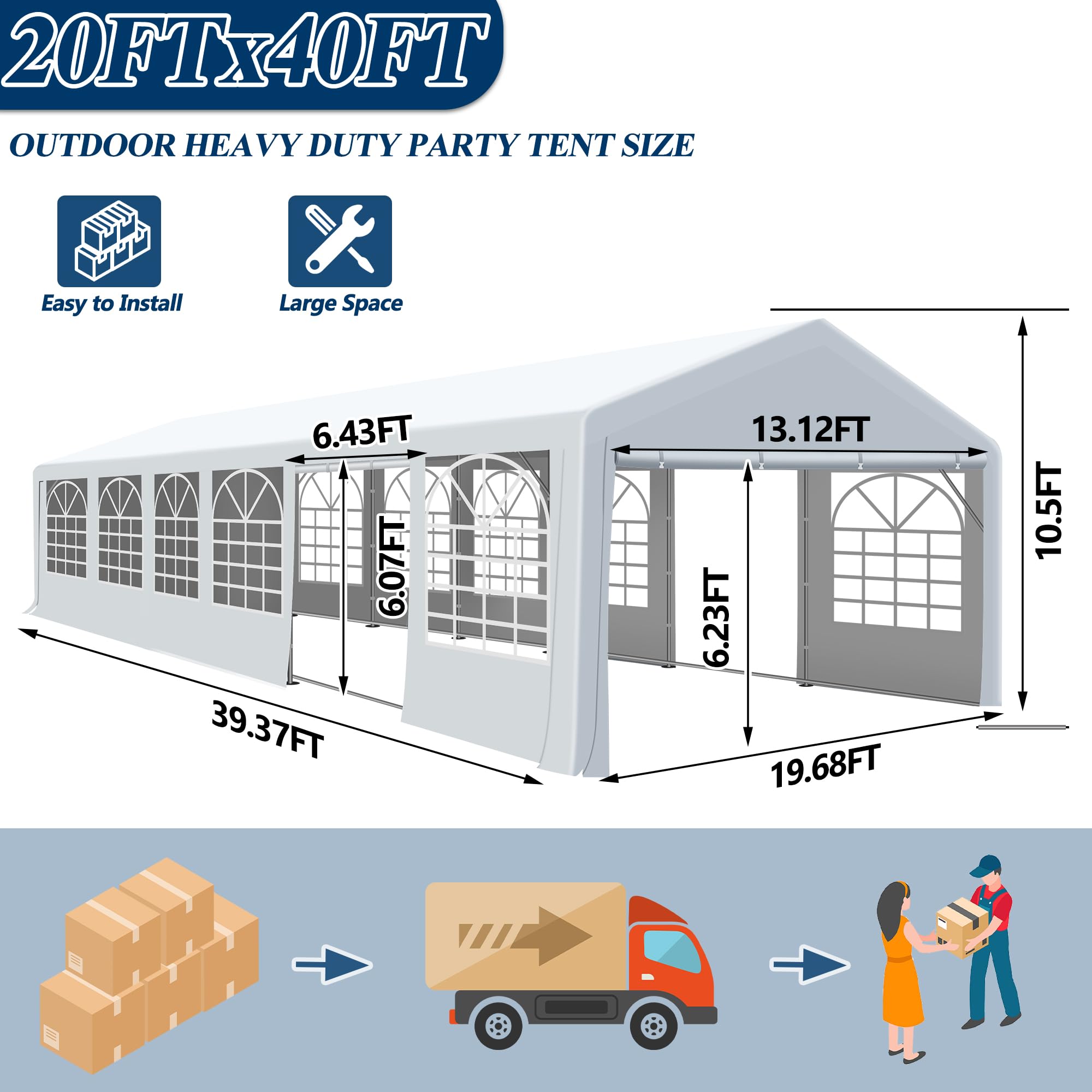 COVERONICS Outdoor Canopy - 20'X40' Patio Tent with Rollable Sides and 4 Sandbags, Heavy Duty Steel Frame Carport Gazebo Event Tent Perfect for Wedding, Birthday Party, Outdoor Event