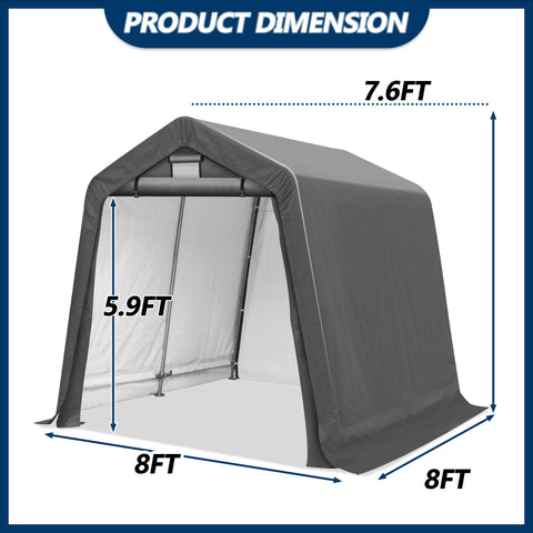 COVERONICS 8' x 8' Outdoor Storage Shed - Heavy Duty Portable Shelter Carport with Ventilation Windows and Roll-up Doors, Storage Shelter Tent for Motorcycle, Bike, Lawnmower and Garden Tools, Grey