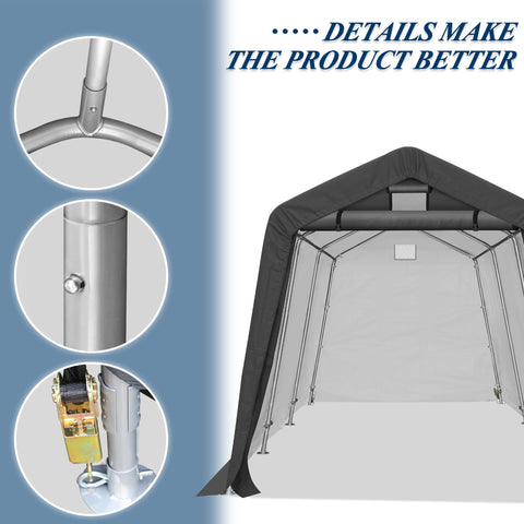COVERONICS 8' x 14' Outdoor Storage Shed - Heavy Duty Portable Shelter Carport with Ventilation Windows and Roll-up Doors, Storage Shelter Tent for Motorcycle, Bike, Lawnmower and Garden Tools, Grey