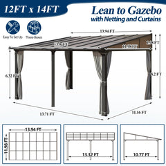 COVERONICS 12' X 14' Outdoor Polycarbonate Lean to Gazebo - Wall-Mounted Aluminum Frame Gazebo with Slope Hardtop, Patio Heavy-Duty Lean to Pergola with Netting & Curtains for Garden, Backyard, Deck