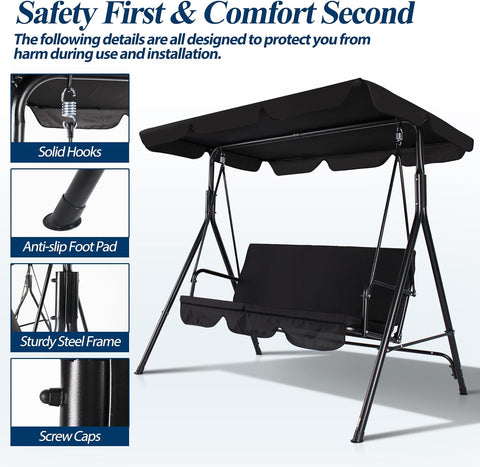 3-Seat Outdoor Porch Swing, Patio Swing Chair with Adjustable Canopy & Durable Metal Frame, Garden Swings Chair with Removable Cushions for Backyard, Terrace, Lawn